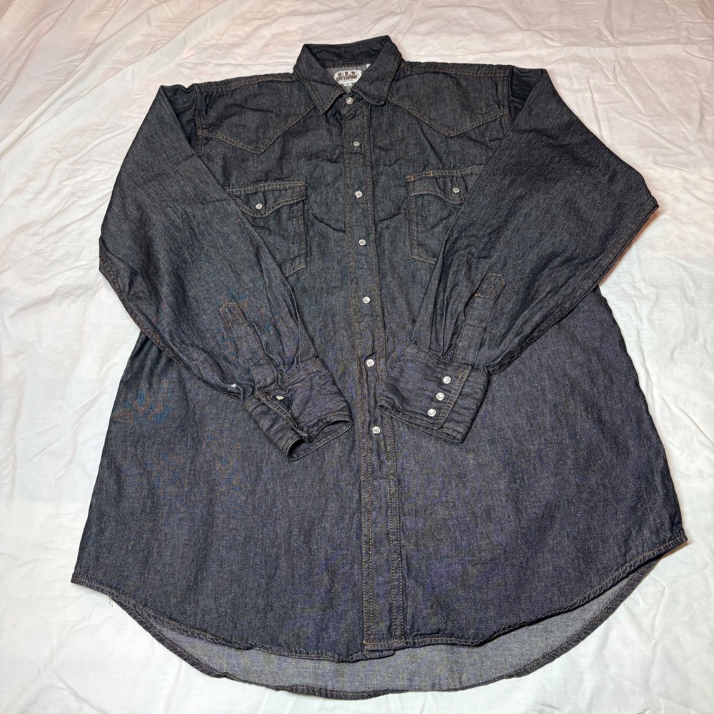 Ely Cattleman Mens‎ Western Pearl Snap Denim Shirt Dark Wash Long Sleeve Large - Picture 2 of 8